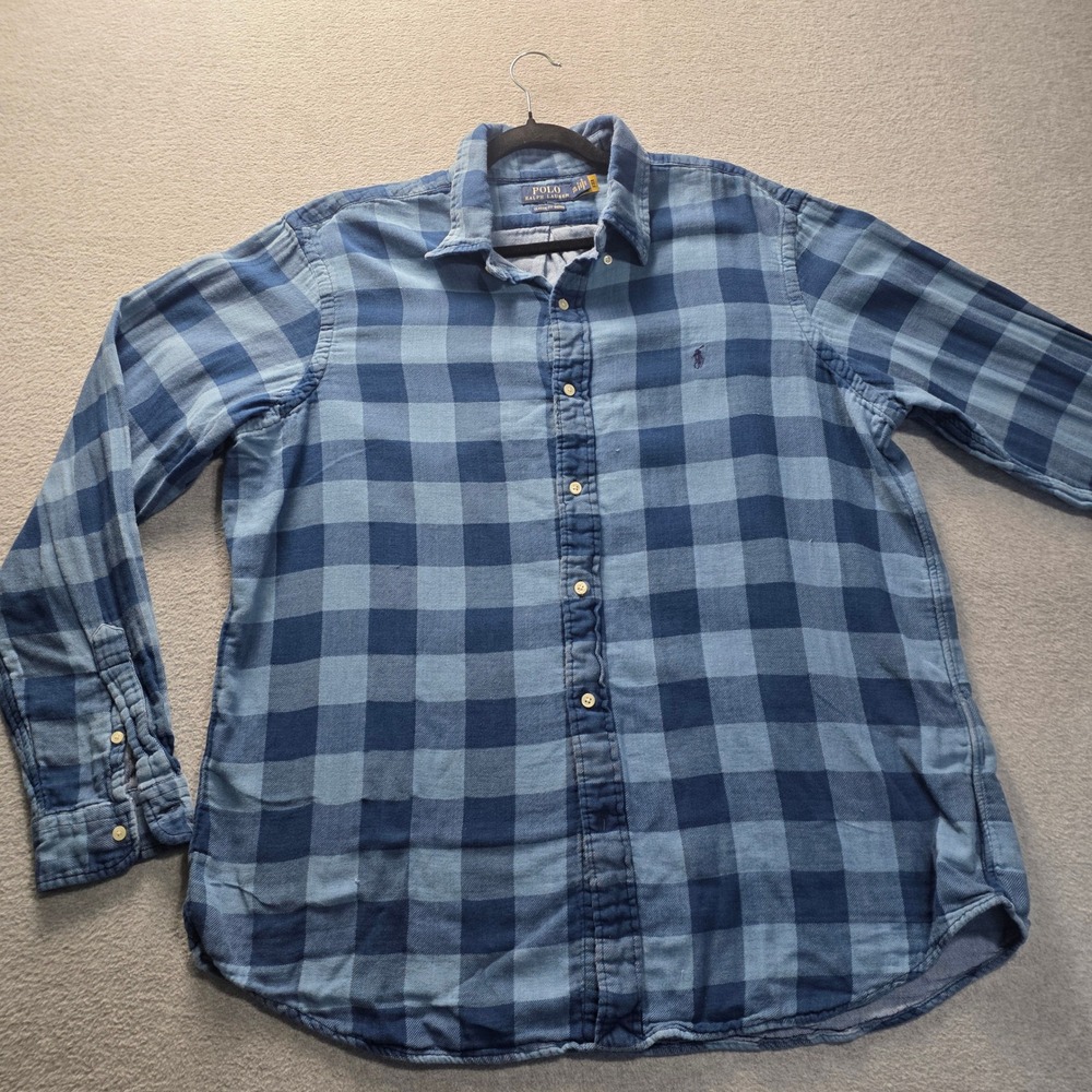 Polo Ralph Lauren Button Down Shirt Mens XXL Classic Fit IndigoBlue Plaid Cotton